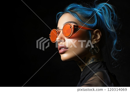 Young woman with blue hair and orange sunglasses posing on black background Young woman with blue hair and orange sunglasses posing on black background 120314069