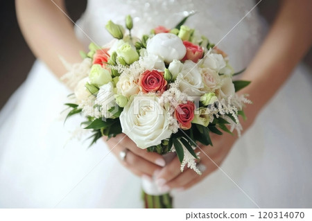 Bride holding a beautiful wedding bouquet of white and peach flowers 120314070