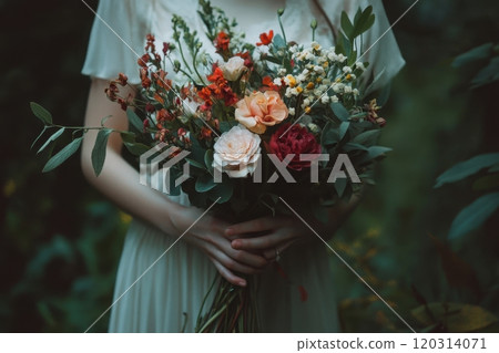 Bride holding colorful wedding bouquet with eucalyptus leaves Bride holding colorful wedding bouquet with eucalyptus leaves 120314071