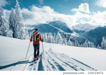 Athlete skiing in snowy mountain landscape during winter 120314072