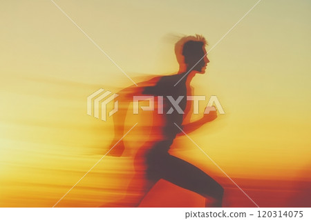 Male athlete sprinting at sunset with motion blur effect 120314075