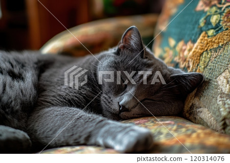 Grey cat sleeping peacefully on comfortable armchair 120314076