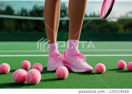 Tennis player standing on court with pink tennis balls and racket 120314088