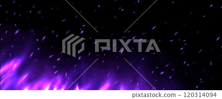 Purple flame with sparks, fire with flying cinder, abstract glowing embers, heat sparkles. 120314094
