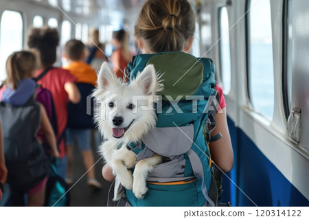 Girl carrying small white dog in backpack on a ferry boat Girl carrying small white dog in backpack on a ferry boat 120314122