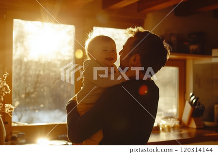Father holding and lifting laughing baby at home in a sunny morning 120314144