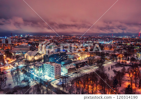 Aerial night View of Tallinn in winter, roofs are covered with snow, Christmas mood Aerial night View of Tallinn in winter, roofs are covered with snow, Christmas mood 120314190