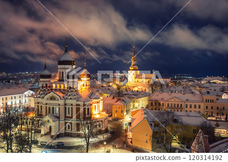Aerial night View of Tallinn in winter with Alexander Nevsky Cathedral, roofs with snow, Christmas mood Aerial night View of Tallinn in winter with Alexander Nevsky Cathedral, roofs with snow, Christmas mood 120314192