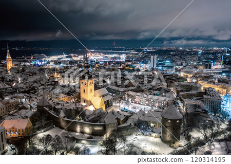 Aerial night View of Tallinn in winter, roofs are covered with snow, Christmas mood 120314195