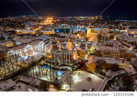 Aerial night View of Tallinn in winter with Alexander Nevsky Cathedral, roofs with snow, Christmas mood Aerial night View of Tallinn in winter with Alexander Nevsky Cathedral, roofs with snow, Christmas mood 120314196