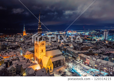 Aerial night View of Tallinn in winter, roofs are covered with snow, Christmas mood 120314215