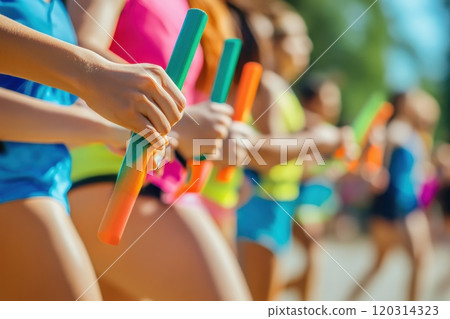 Relay race runners holding batons getting ready to run 120314323