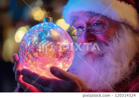 Santa claus holding glowing christmas ornament at night 120314324