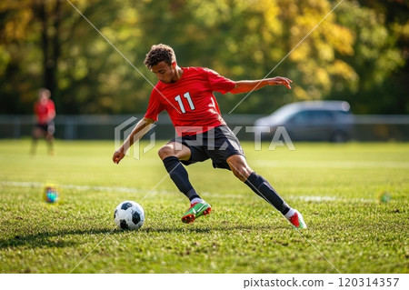 Soccer player kicking ball during championship match on field 120314357
