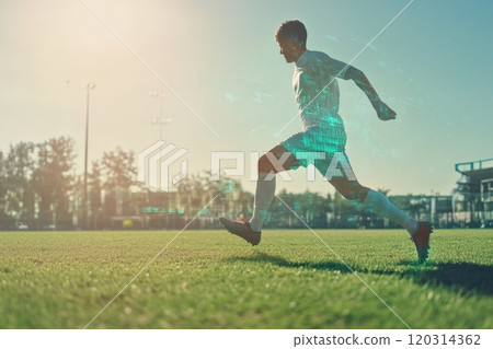 Soccer player running with futuristic digital overlay effect on football field 120314362