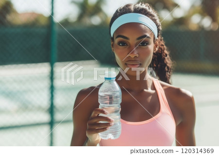 Tennis player drinking water on court after training 120314369
