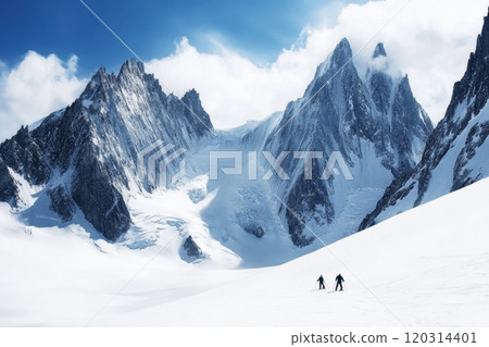 Two skiers skiing downhill in majestic mountain range Two skiers skiing downhill in majestic mountain range 120314401