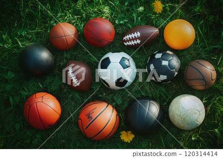Various sports balls lying on green grass field 120314414