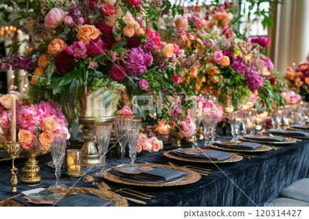 Wedding table setting decorated with lush floral arrangements and candles 120314427