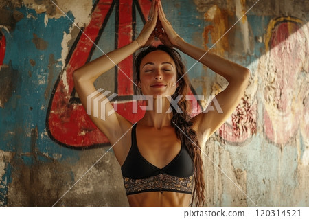 Young woman practicing yoga against graffiti wall 120314521