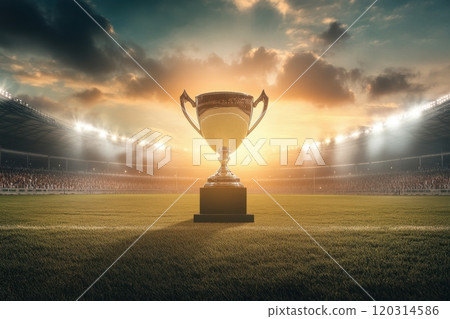 Golden trophy standing on grass field in crowded stadium at sunset Golden trophy standing on grass field in crowded stadium at sunset 120314586