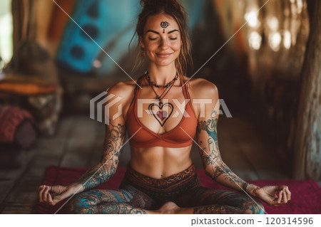 Yogi woman meditating in lotus pose, finding inner peace and mindfulness 120314596
