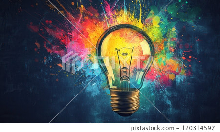 Light bulb exploding with colorful paint splash symbolizing creativity 120314597