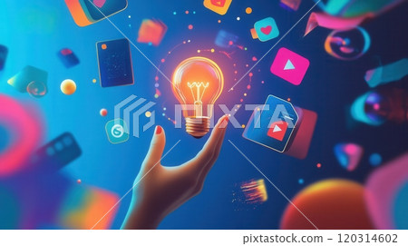 Woman holding light bulb with social media icons floating around 120314602