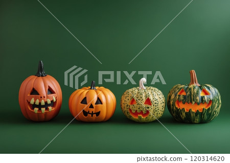 Four halloween pumpkins with glowing faces on green background 120314620