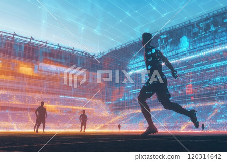 Soccer player running in futuristic stadium with augmented reality interface 120314642