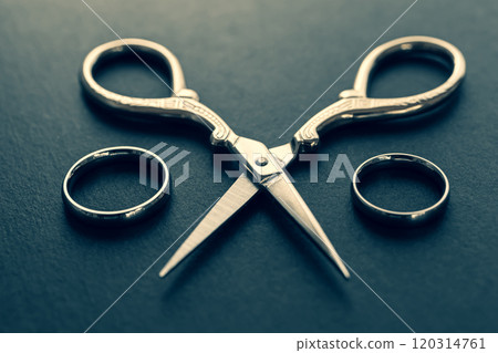 Wedding rings and scissors: Image of divorce or breakup 120314761