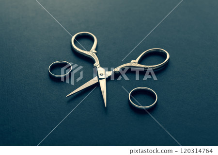 Wedding rings and scissors: Image of divorce or breakup 120314764