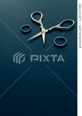 結婚戒指和剪刀 — 離婚或分手的圖像材料 120314769