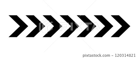 Black chevron arrows. Repeated V-shaped stripes print. Motion, download, next to, look here, road caution, army insignia, military or navigation sign isolated on white background. Vector illustration 120314821