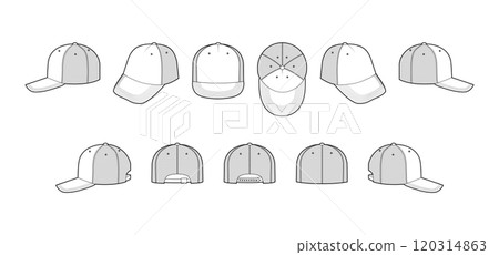 Set of Trucker Net Cap Hat with mesh. Summer Head Fashion accessory clothing technical illustration. Vector headgear 120314863