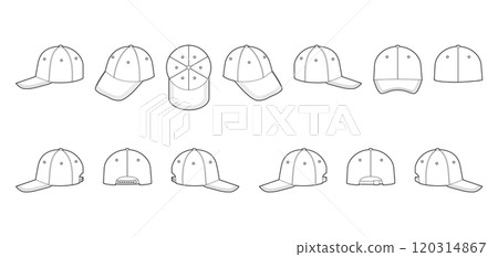 Set of Baseball Dad Cap Hat. Summer Head Fashion accessory clothing technical illustration. Vector headgear for Men,  Set of Baseball Dad Cap Hat. Summer Head Fashion accessory clothing technical illustration. Vector headgear for Men,  120314867