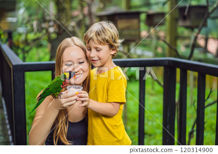 Mom and son feed the parrot in the park. Spending time with kids concept Mom and son feed the parrot in the park. Spending time with kids concept 120314900