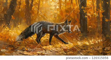Black fox walking through autumn leaves. Nature scene. 120315056