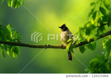 Bird on a branch in a green forest. Nature and wildlife concept. 120315068
