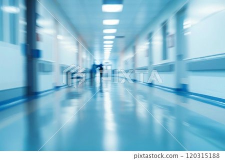 Long empty hospital corridor with blue flooring and white walls. Hospital interior concept. 120315188