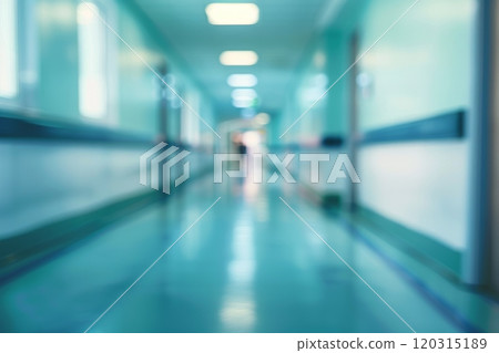 Modern hospital hallway with blue floor and clean white walls. Medical architecture concept. 120315189