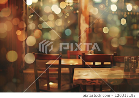 Blurry restaurant interior with empty tables and chairs. Food service industry concept. 120315192