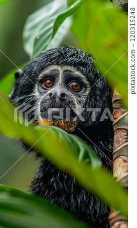 Close-up of black and white monkey face with brown details. Animal portraiture concept. 120315248