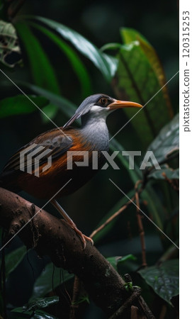 A bird is perched on a tree branch in a dark forest A bird is perched on a tree branch in a dark forest 120315253