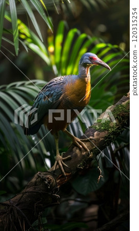 Small bird perched on tree branch in dark green forest. Wildlife observation concept. 120315254