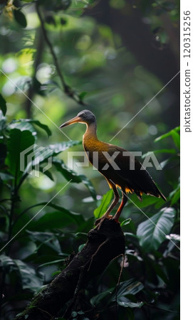 Bird perched quietly on a branch in a dimly lit forest. Woodland wildlife concept. Bird perched quietly on a branch in a dimly lit forest. Woodland wildlife concept. 120315256