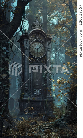 A clock tower in a forest with vines growing on it A clock tower in a forest with vines growing on it 120315257