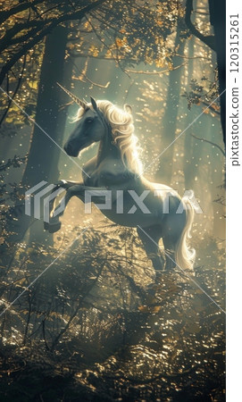 A unicorn is standing in a forest with trees and leaves A unicorn is standing in a forest with trees and leaves 120315261