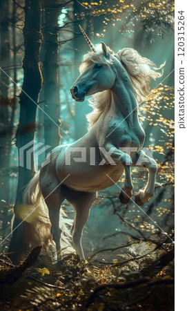 Unicorn with shining horn amidst trees and foliage in enchanted forest. Dreamlike scene concept. 120315264