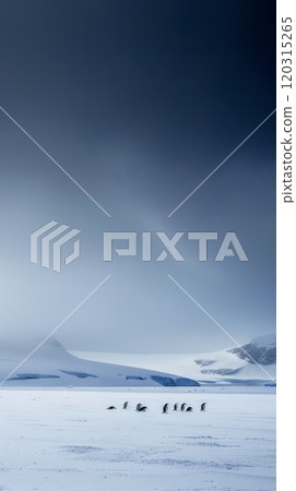 A group of penguins are standing on a snowy field 120315265